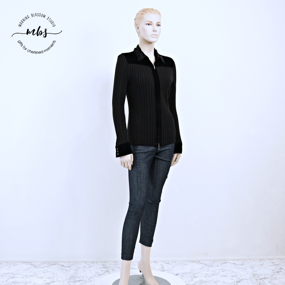 Cabi Silk Blend Velvet Trimmed Knit Zip Up Jacket Black Women XL